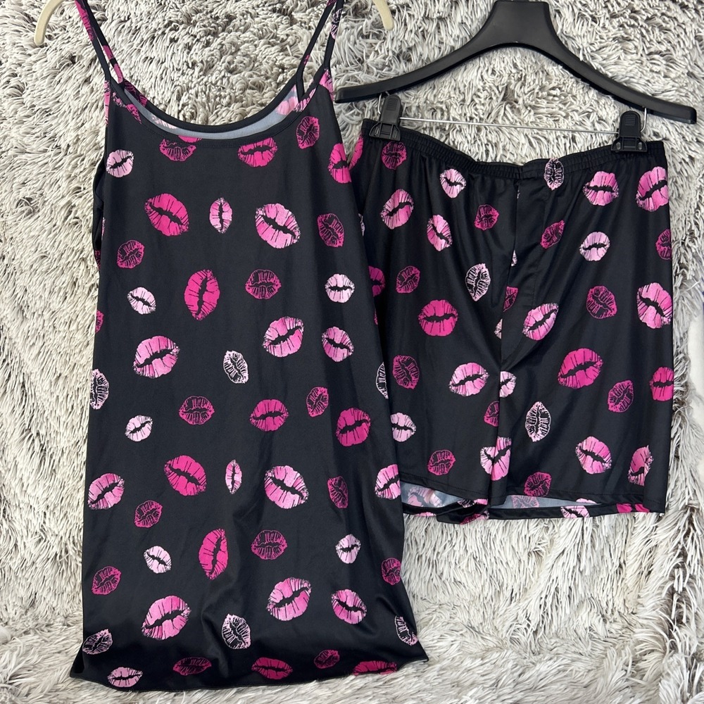 Pajama Set‎ Lips Love Romantic Vtg Petra Large Satin Valentine Matching His Hers